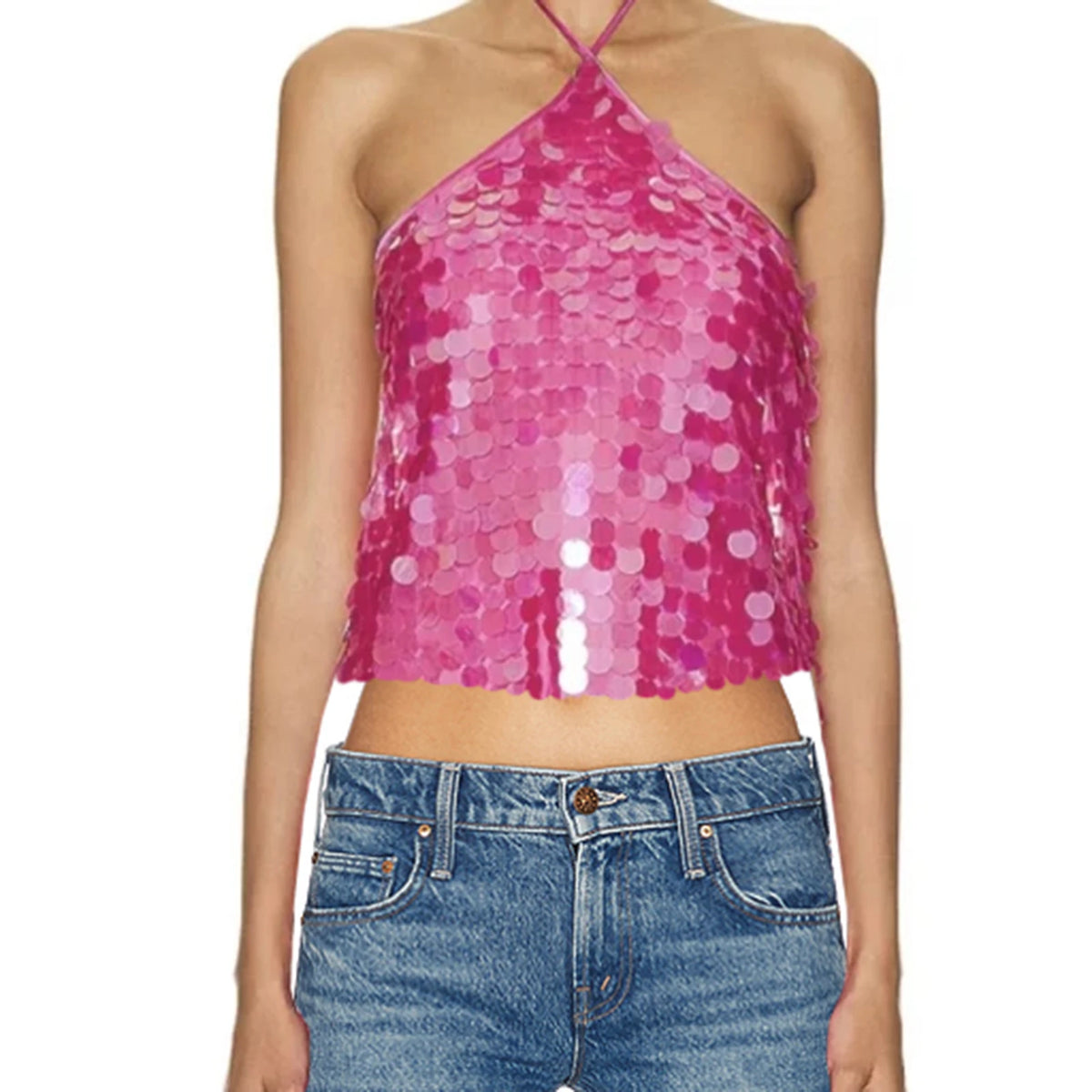 Women Solid Color Camis Tops Sequins Tie-Up Halter Neck Casual Summer Sleeveless Loose Fit Camisole Streetwear