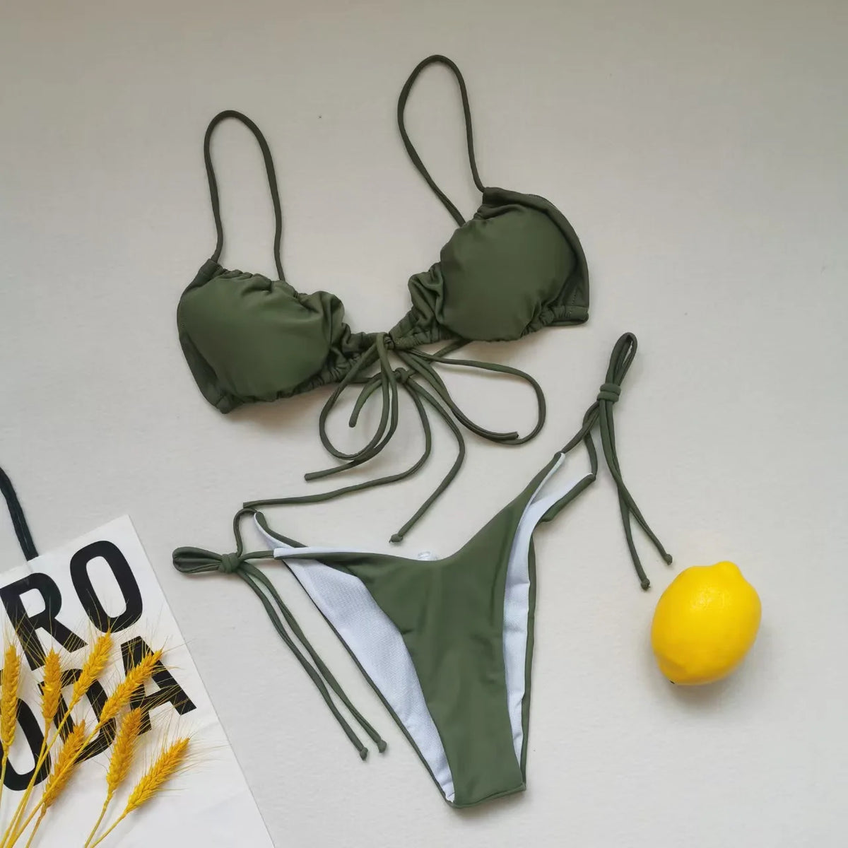 New Women's Sexy Swimsuit Loop Strap Bikini Set Double Face Plain Swimwear Lace Up Beach Clothes Swimming Pool Party Essential