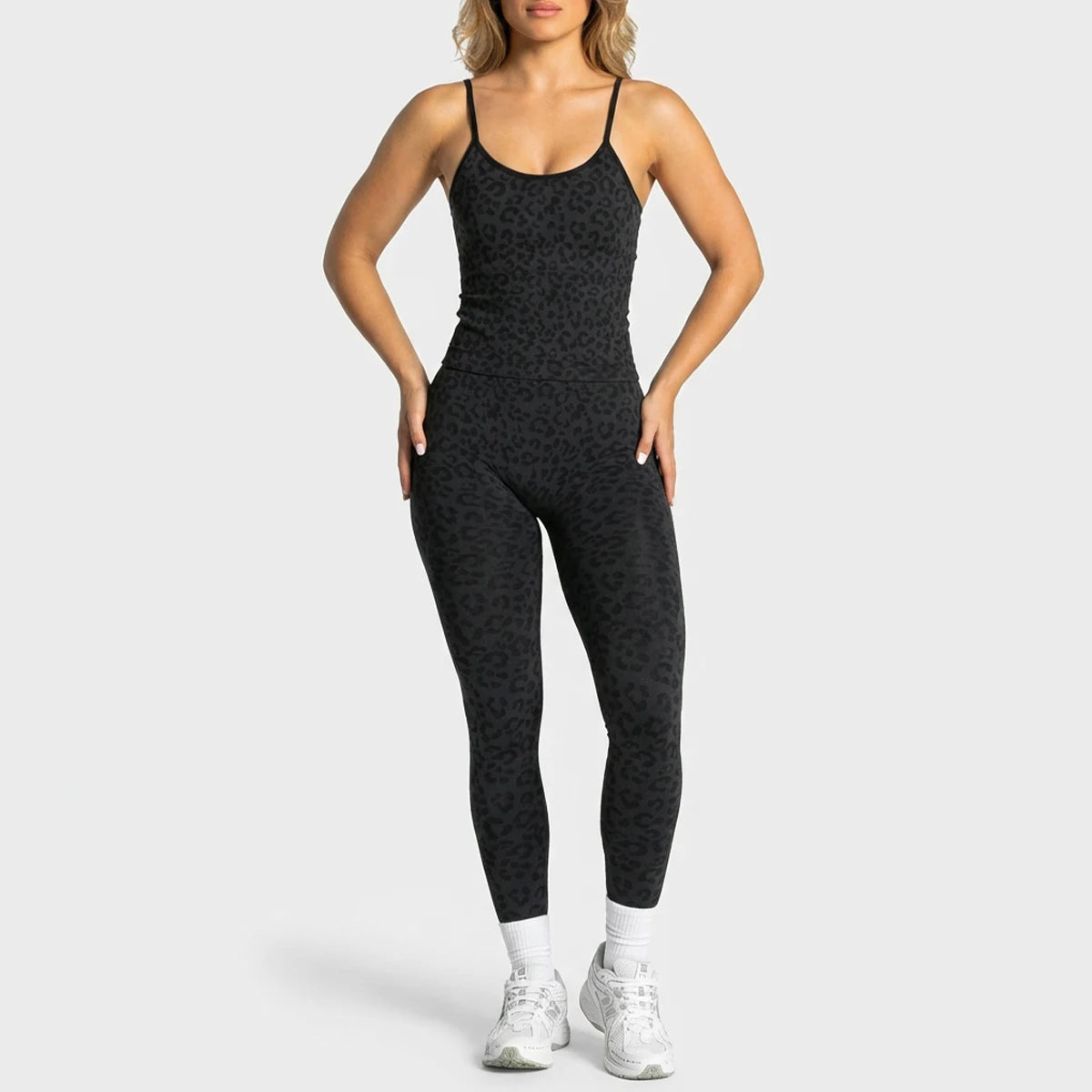 2Pcs Women Leopard Print Yoga Outfit Adjustable Strap Camisole Top High Waist Stretch Leggings Sports Pilates Workout Suit