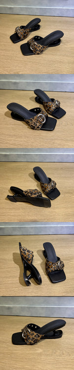 Women's Vintage y2k Leopard Slide Mules Sandals Unique Curved Hollow Sculpted Wedge Heel Slip On Designer Heels Shoes Size 43