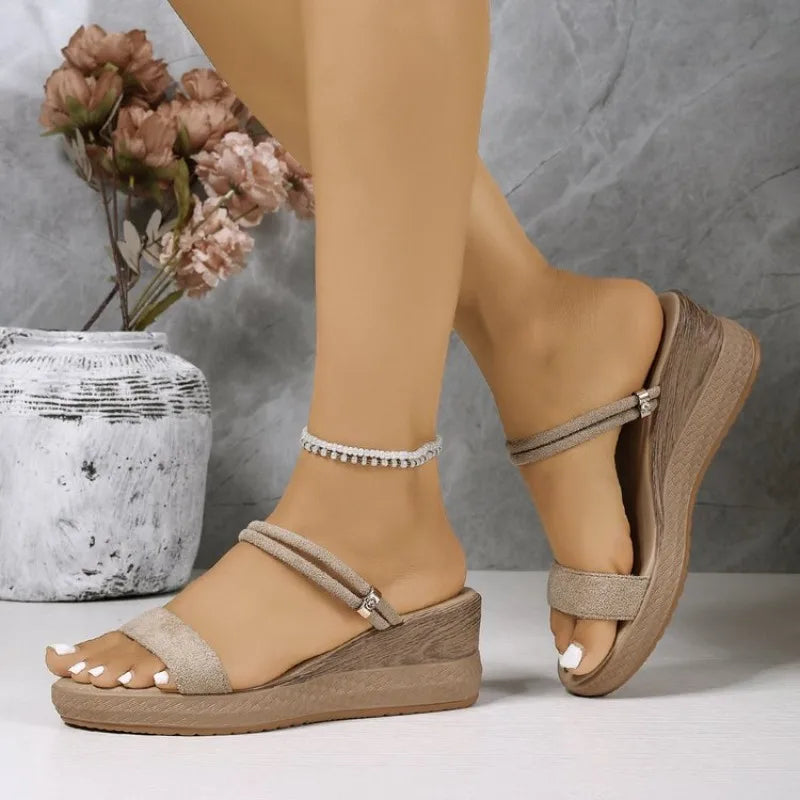 Double Strap Suede Flip Flop Sandals For Women Comfortable Slide Sandals Arch Support Walking Platform Vacation Wedge Sandals