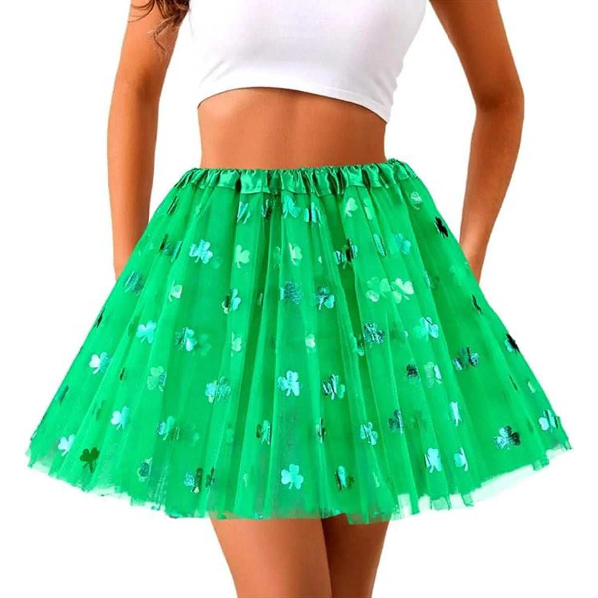 Womens Shamrock Sequin Tulle Skirt Elastic Waist St Patricks Day Tutu Flared Mini Skirt Glittery Bottoms For Festival Costume