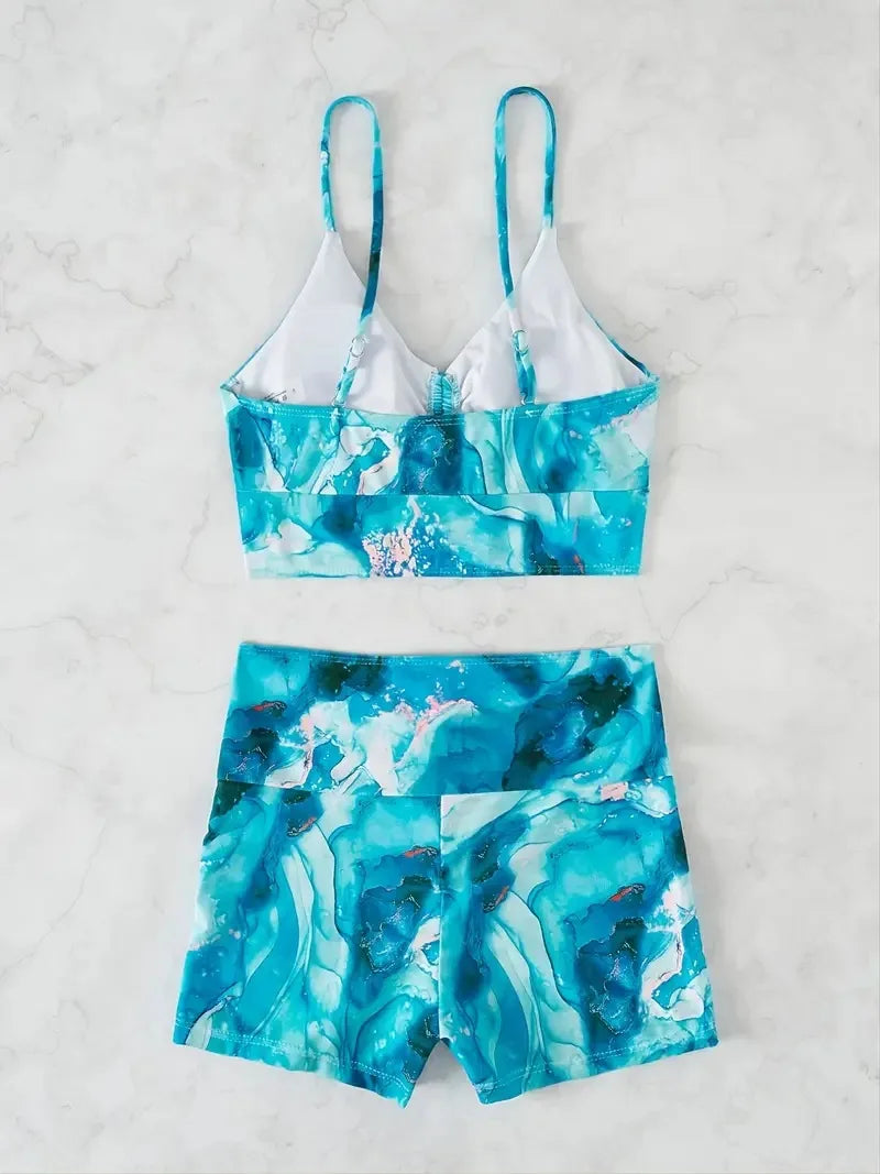 2024 Separate Swimsuit Tie Dye Print Bikini Bathing Suit Women Tankini Set Drawstring Two-Piece Suits Shorts Swimwear Female
