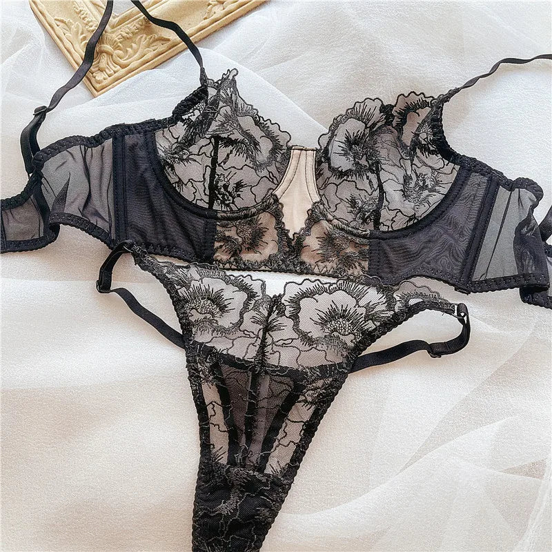 French Ultra Thin Women Underwear Set Sexy Lace Flowers Embroidery Bra Summer Ladies Wide Version Breathable Lingerie Thong Sets