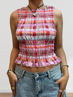 Women Summer Smock Tank Tops Casual Fashion Ruffle Hem Plaid Print Sleeveless Shirt Basic Vest Streetwear