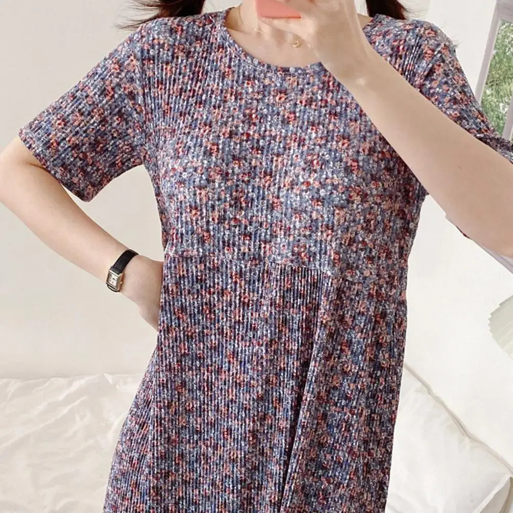 Summer Women Dress Small Flower Print Crew Neck Loose Short Sleeves Pleated Dating Shopping Midi Dress Mid-calf Length Pullover