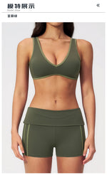 Tight Color Contrast Yoga Suit 2 Pieces Women V Neck Sports Bra Pleate High Waist Shorts Gym Running Fitness Suits Tracksuit