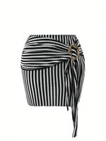 Vintage Black Striped Swimwear Skirts Set Women 2026 Metal Buckle Strap V Neck Slimming Bathing Suit Holiday One Piece Swimsuit