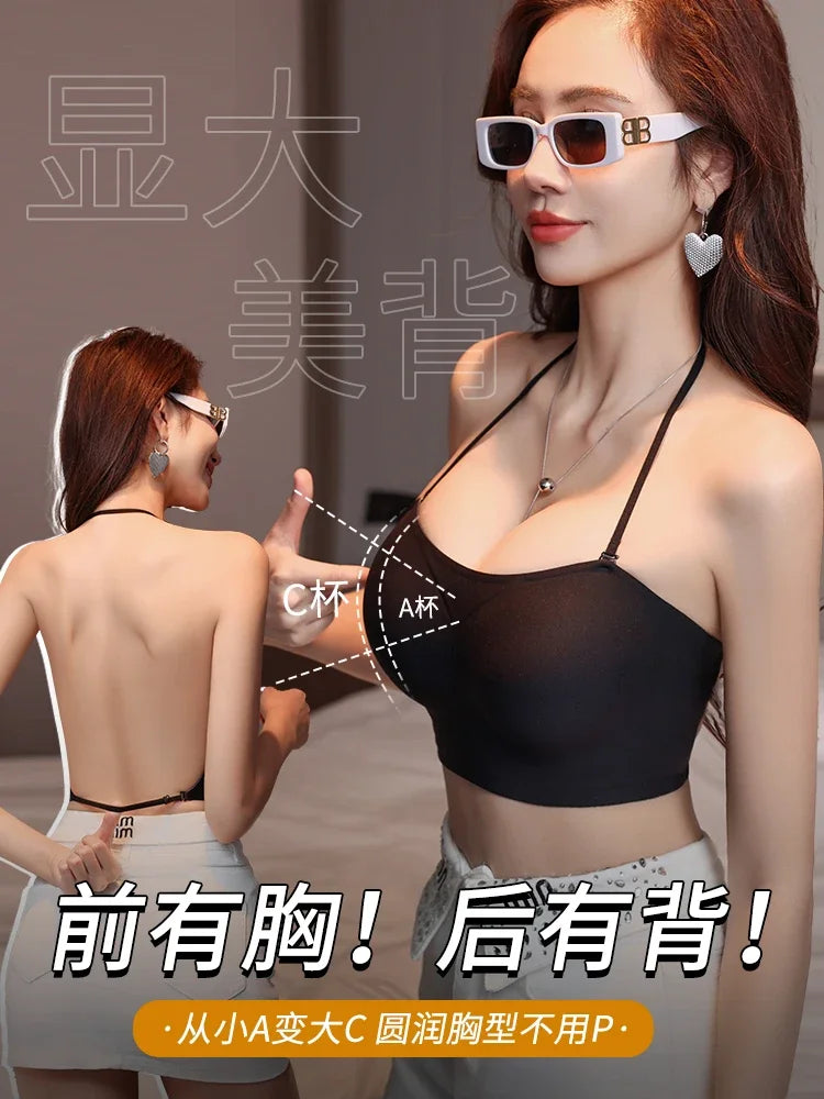 MOYISU 3D Push Up Bra for Small Bust, Halter Off Shoulder Open Back Bralette, Ultra Thin Straps Summer Bestseller, Sexy & Gather