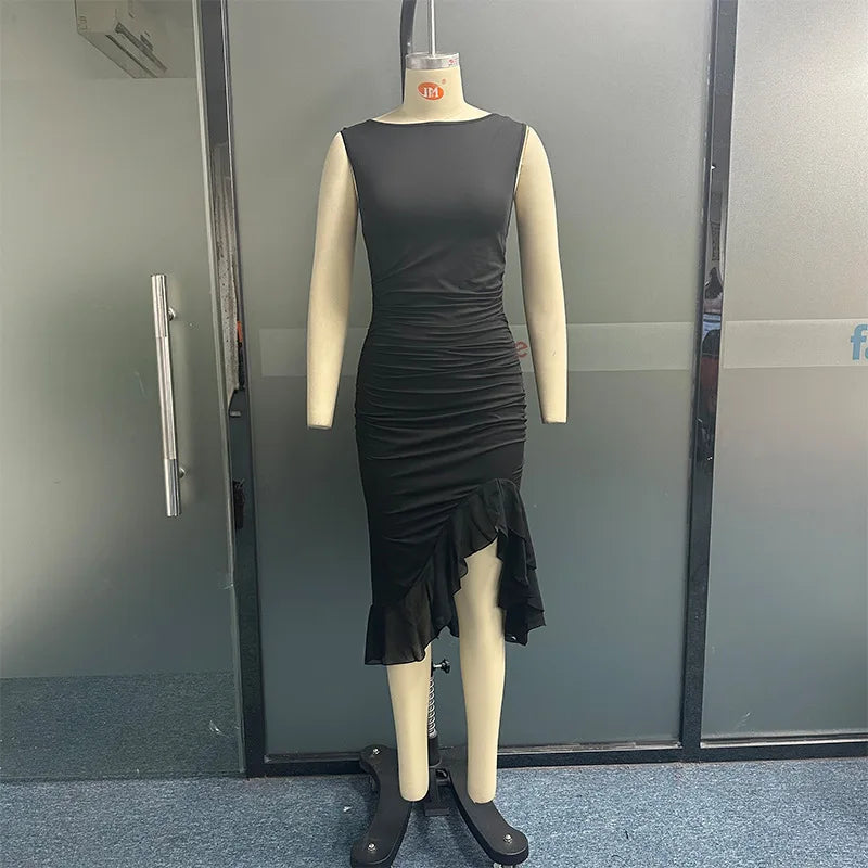 Dresses For Women 2023 Summer Elegant Solid Sleeveless Vestidos Slim Backless Ruffles Irregular Streetwear Party Evening Dress