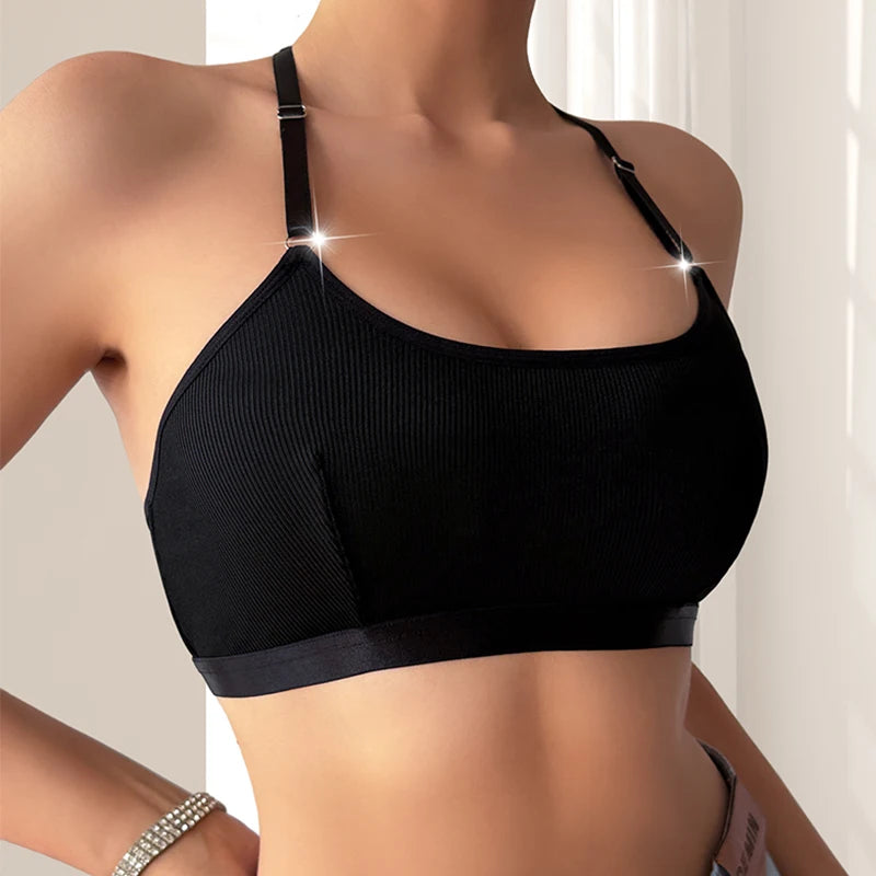 1pcs New Style Ribbed Women Camisole String Pearls Decor Backless Underwear Sexy Lingerie Comfortable Wire-Free No Pad Lady Bras