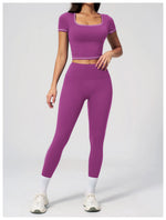 2PC Color Contrast Yoga Suit Women Short Sleeve Square Collar Slim Sports Top Fitness Suits Outdoor Exercise Leggings Tracksuit