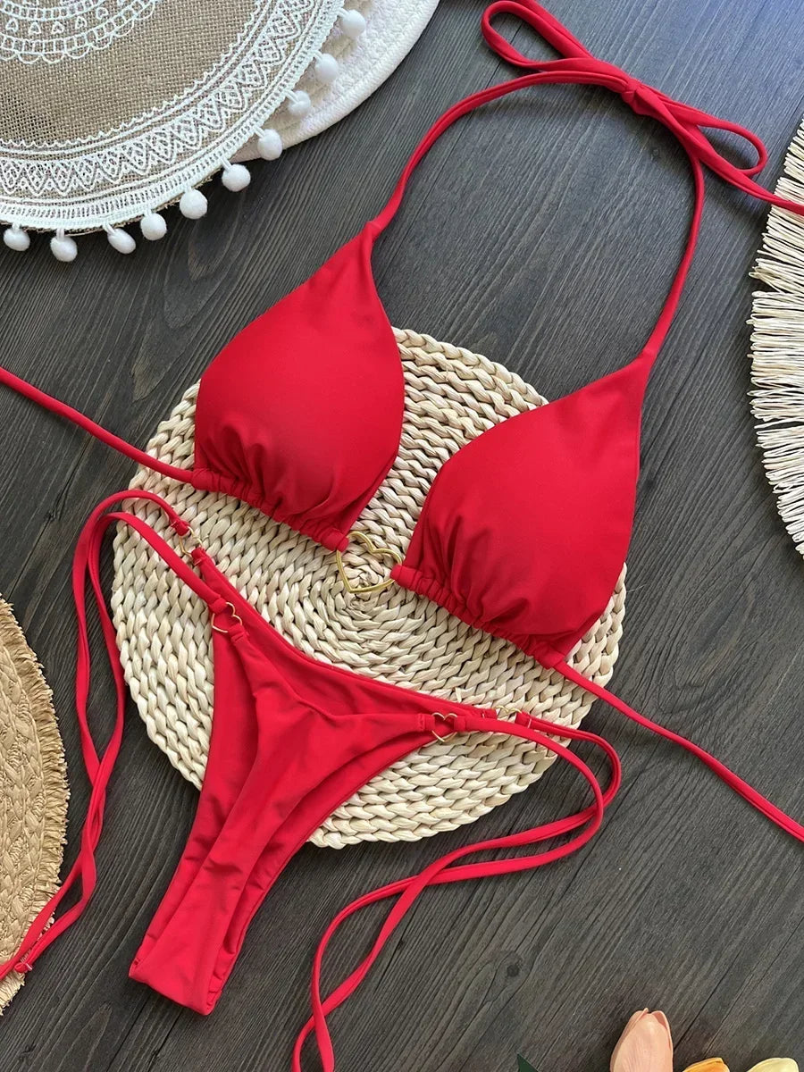 Metal Heart-shaped Halter Mini Micro Thong Bikini Female Swimsuit Women Swimwear Two-pieces Bikini Set Bather Bathing Suit Swim