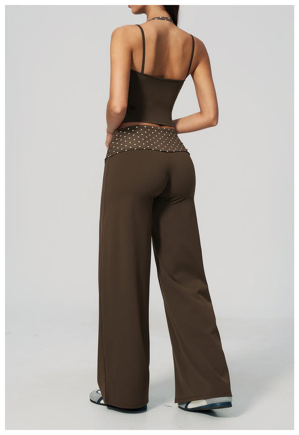 Women's 2 Piece Yoga Set Halter Neck Crop Top Fold Over Waist Wide Legged Flare Trousers Polka Dot Striped Gym Workout Running
