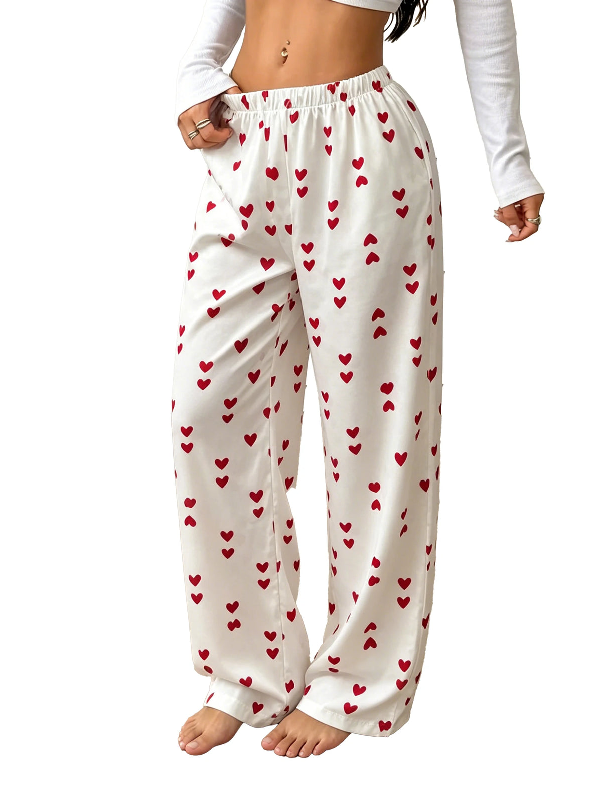 New Summer Women Satin Pajama Pants Cute Heart Pattern Elastic Waist Loose Long Sleepwear Trousers Comfortable Home Lounge Pants
