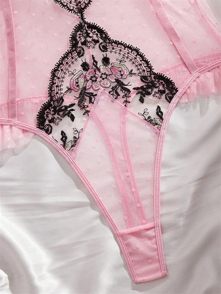 Women's Lingerie Pink Mesh Slimming Bodysuit Delicate Floral Embroidered Jumpsuit Romantic Sleeveless Polka Dot Sexy Bodysuit