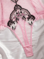 Women's Lingerie Pink Mesh Slimming Bodysuit Delicate Floral Embroidered Jumpsuit Romantic Sleeveless Polka Dot Sexy Bodysuit
