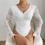 Sexy White Lace Bodysuit Women Solid Color Long Sleeve Sheer Corset Top Autumn Ruffles V Neck See Thourgh Slim Fit Jumpsuit