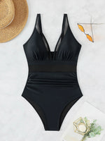 Solid Color One Piece Bikini for Women,sexy Deep-V Neck Suspender Backless Swimsuit,high Waist Translucent Striped Mesh Swimwear