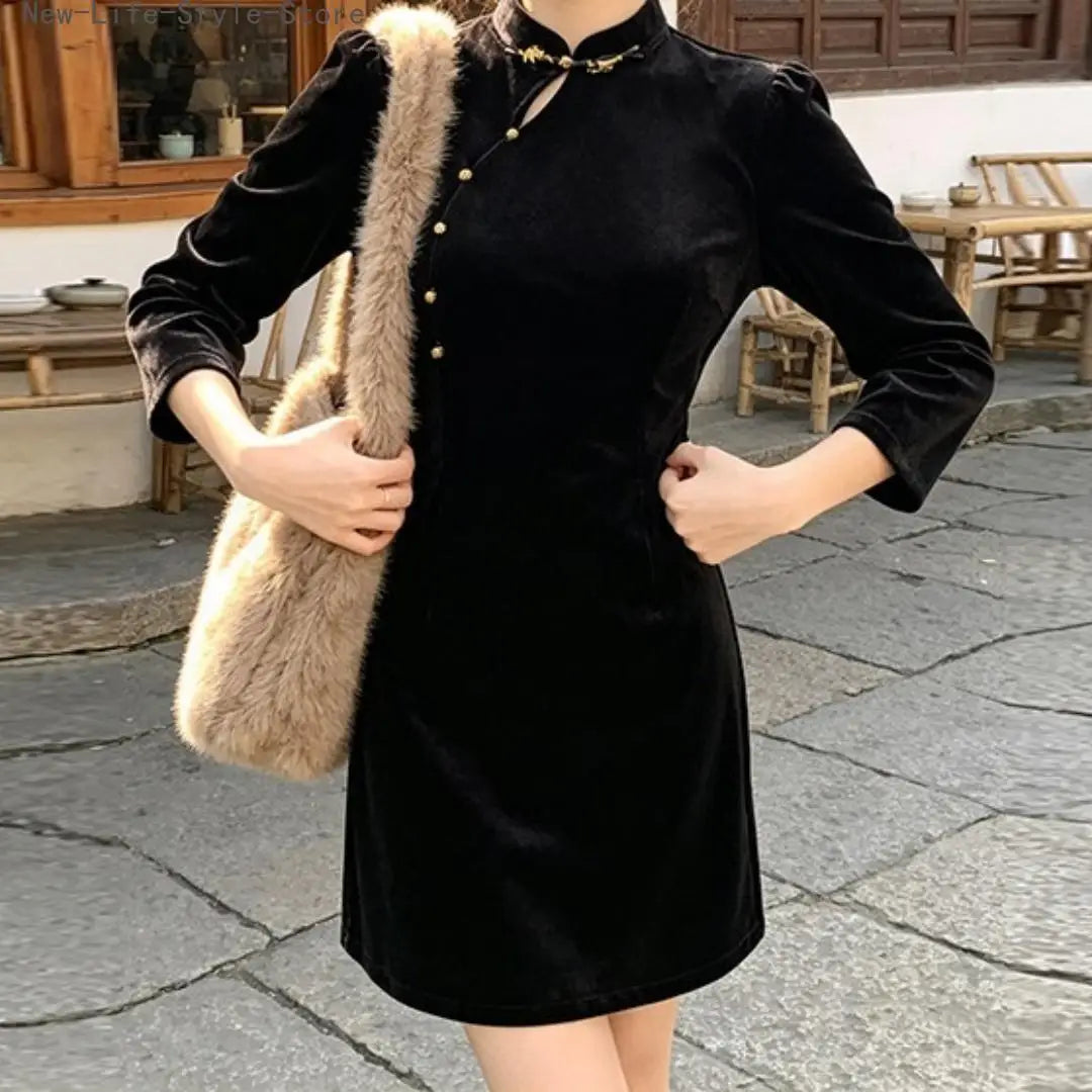 Black New Chinese Style Improved Qipao Dress Long Sleeve Short Cheongsam Retro Elegant Women Dress for Party Banquet Daily