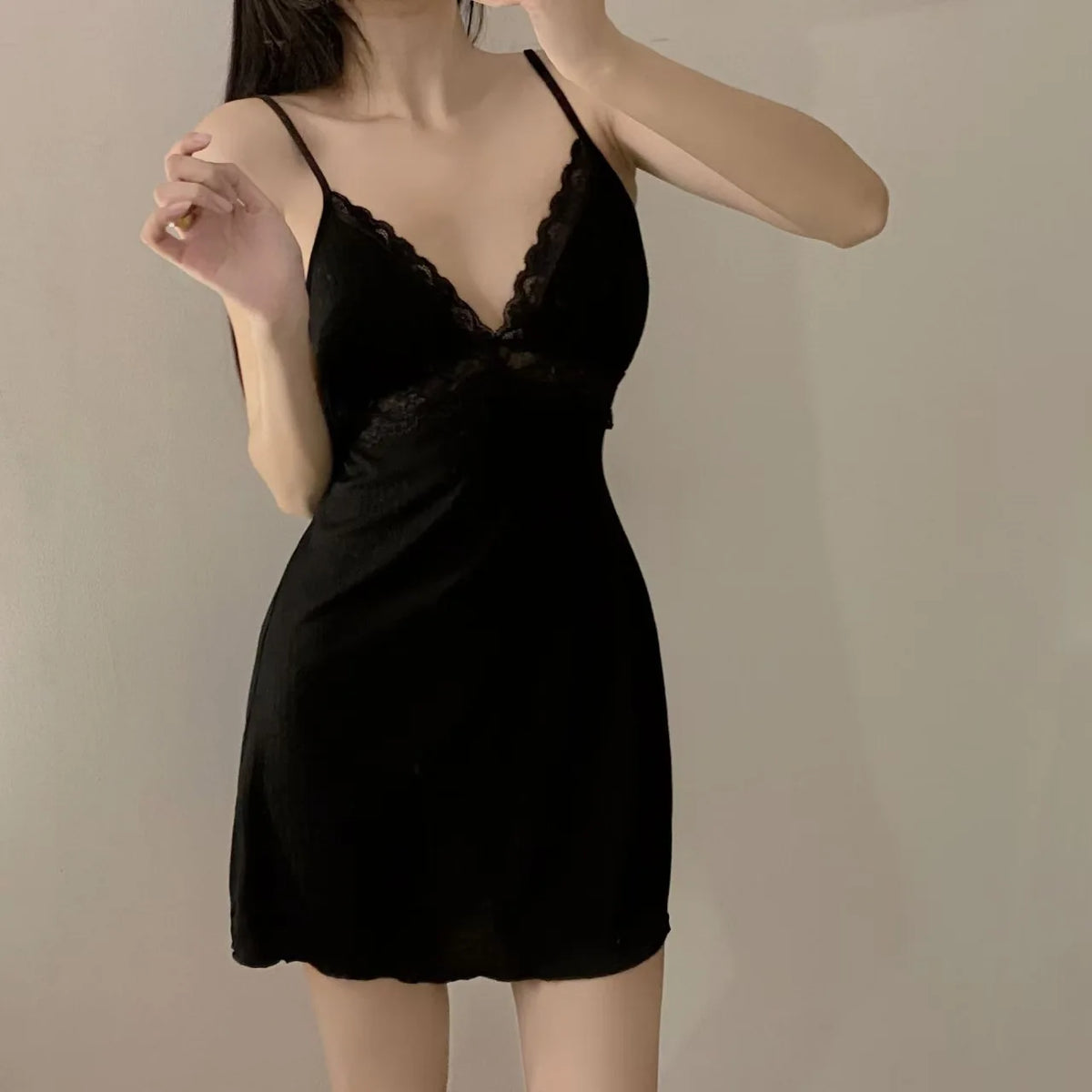 Womens Ribbed Knit Cami Dress Lace Trim V Neck Spaghetti Strap Mini Slip Nightgown Loungewear Casual Y2K Summer Sleep Dress Soft