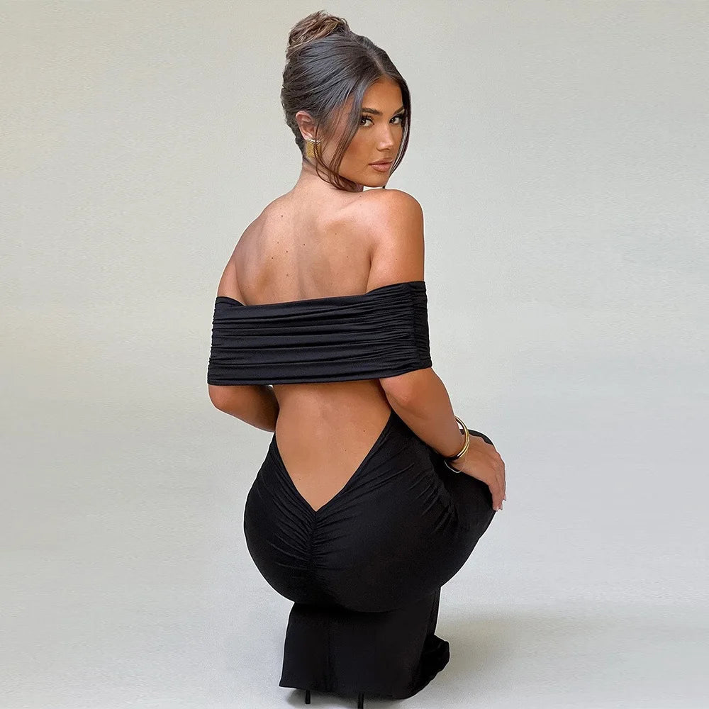 Temperament Slim Strapless Long Dress Women Solid Color Sexy Off-shoulder Backless Package Hip Sleeveless Club Party Dresses