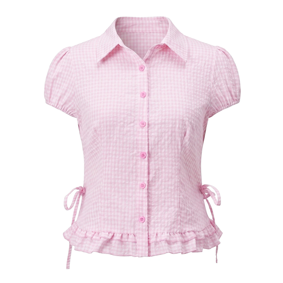 Women Plaid Shirts Button Down Puff Short Sleeve Lapel Neck Tops Fashion Slim Fit Ruffle Trim Blouses Summer