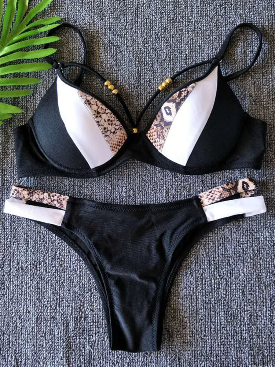 Leopard Splicing Bra Cup Bikini Women Swimsuit Female Swimwear Two-pieces Bikini Set Push Up Bather Bathing Suit Swim Beach Wear
