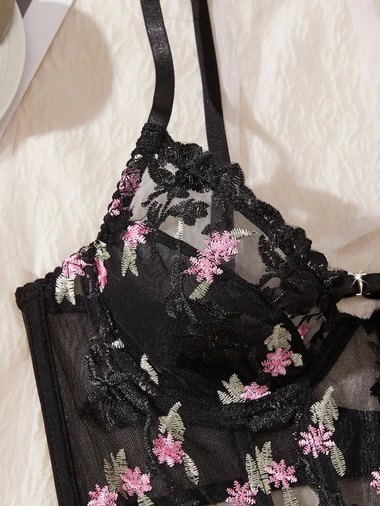 Women Black Mesh Lingerie Set Floral Embroidery Fishbone Bustier Top&Thong 2 Pcs Underwear Sexy Intimate Female Push Up Bra Set