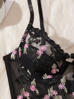 Women Black Mesh Lingerie Set Floral Embroidery Fishbone Bustier Top&Thong 2 Pcs Underwear Sexy Intimate Female Push Up Bra Set