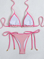 2026 Trendy String Bikini Set Triangle Top Side Tie Bottoms with Metallic PendantSolid Color Contrast Trim Women Swimwear