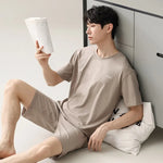 Men's Solid Pajama Plus Size Short Sleeve Round Neck Tee And Shorts Breathable Loose Fit Sleepwear Loungewear Summer Fashion Pjs