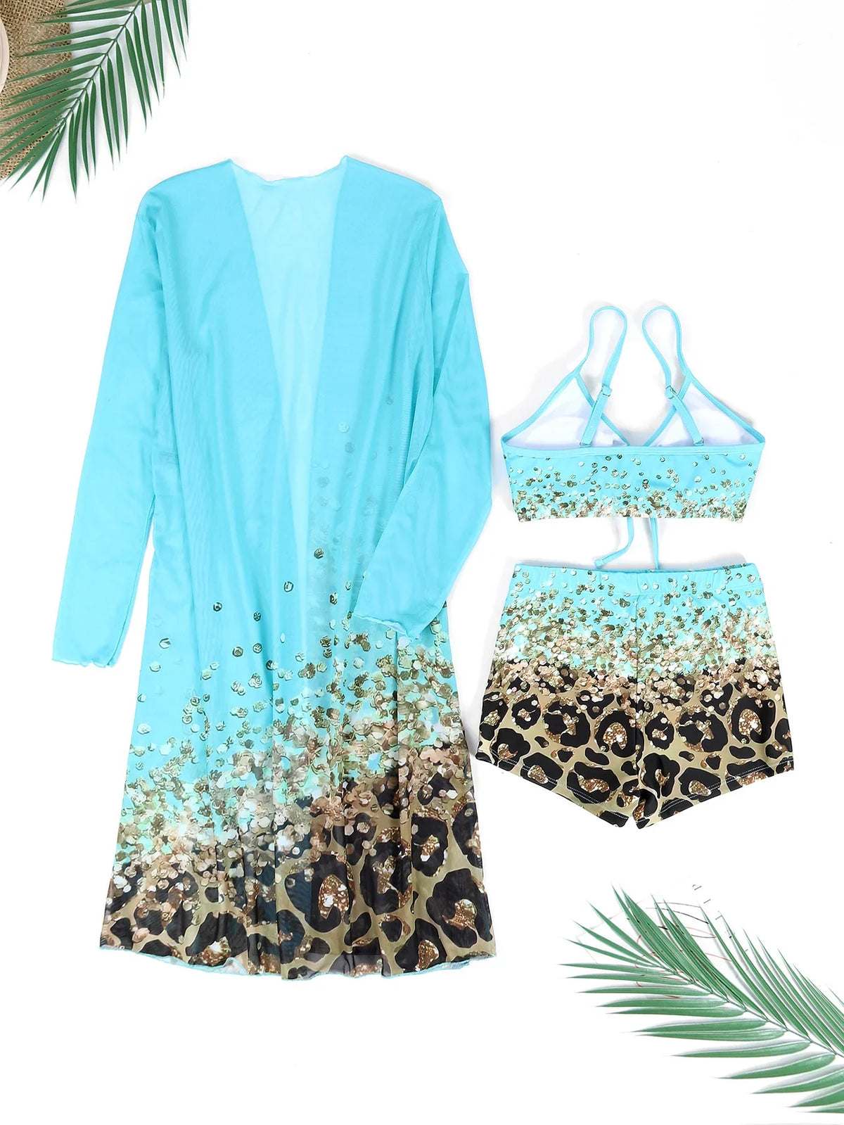Women Bathing SuitPrint Leopard Bikinis 3 Pieces Swimsuit Kimono High Waist Bikini Shorts Long Sleeve Beach Cover Up Swimwear