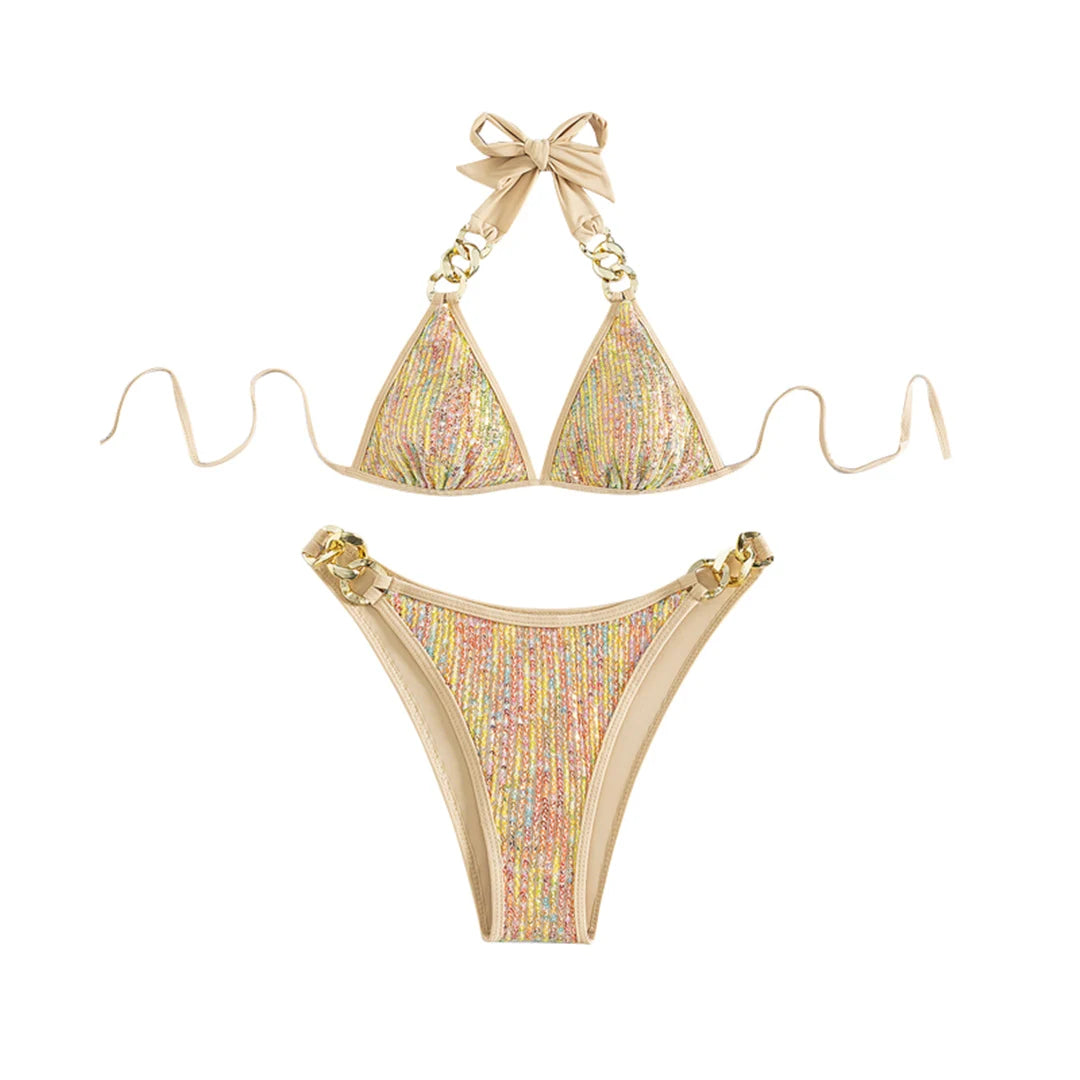 S - XL Halter Shiny Sequin Metal Ring Bikini Women Swimwear Female Swimsuit Two-pieces Bikini Set Bather Bathing Suit Swim V5108