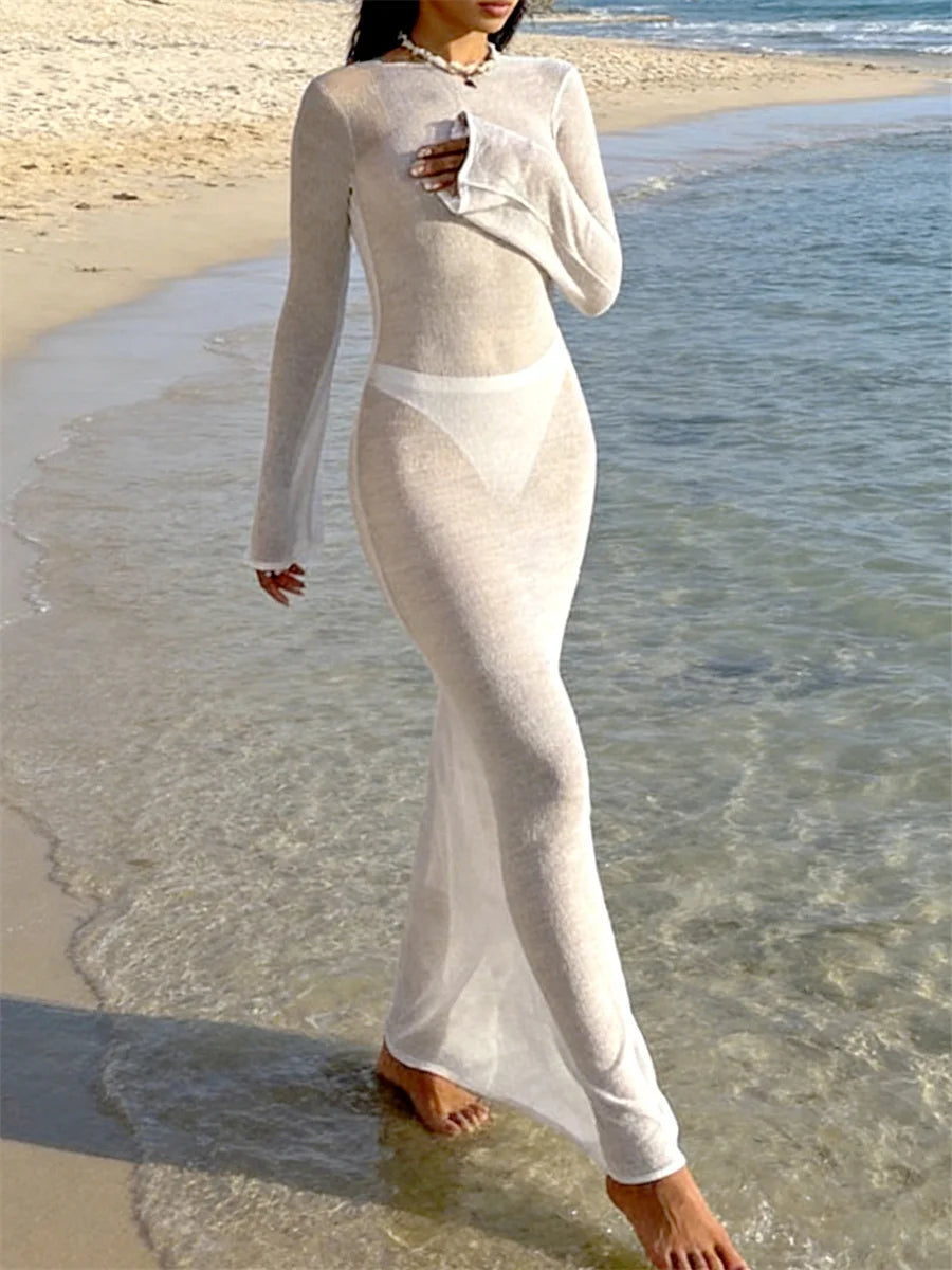 Women Knit Dress See Through Bikini Cover-ups Long Sleeve Crew Neck Backless Long Dresses Club Beach Sexy Swimwear Dresses