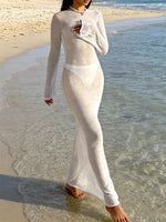 Women Knit Dress See Through Bikini Cover-ups Long Sleeve Crew Neck Backless Long Dresses Club Beach Sexy Swimwear Dresses