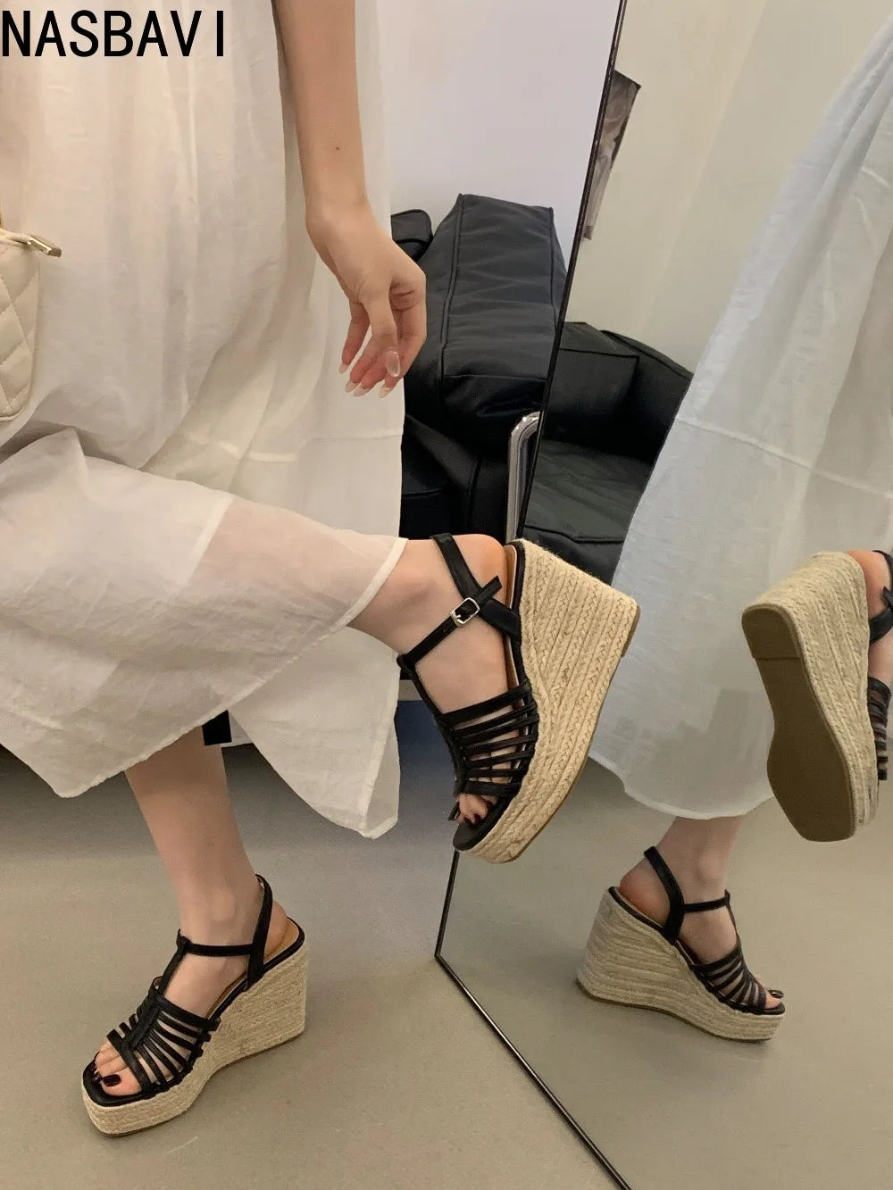 9cm Heeled Wedges Ankle Sandals Black Dress Shoes for Women T-Strap Silver Chunky Heels Summer Platform Bohemia Sandals 2026
