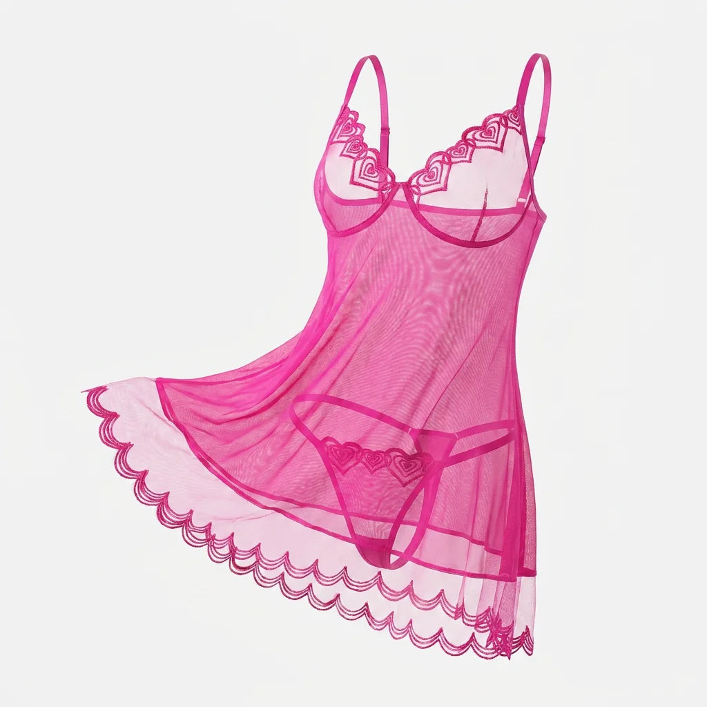Sweetheart Limited Edition Pink Hearted Sleeping Dress Set-Lightweight sheer embroidered halter dress for sex home wear ZA825181
