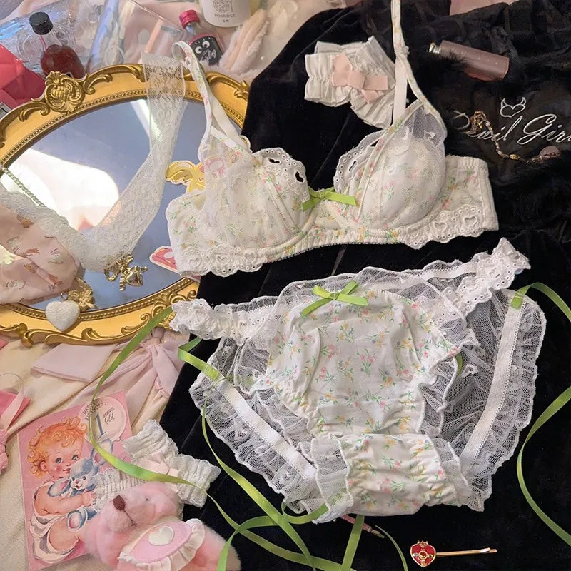 French Style Floral Lace Bra Set for Women Sheer Chiffon Bralette Small Bust Underwear Embroidery Girly Delicate Lingerie Set
