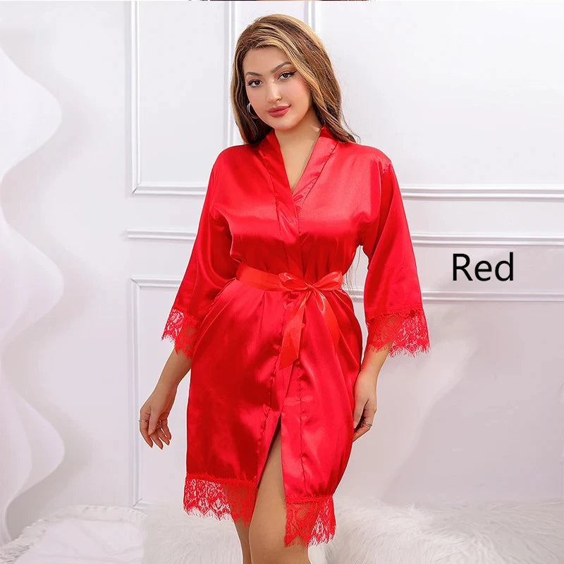 Women Ice Silk Pajamas Robes Sleepwear Nightgowns Nightdress Red Black L XL Lace Smooth Soft Comfortable Casual Pure Color