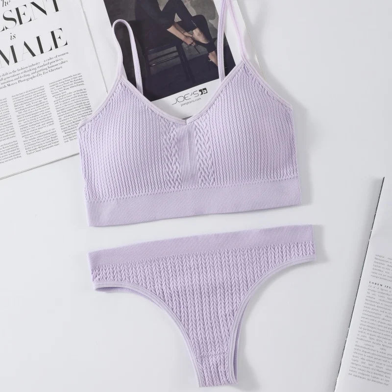 Women Seamless Bra Panties Set Push-Up Non-wire Bralette Low-Rise Briefs Sexy Lingerie Female Comfort Rib Sports Underwear Set