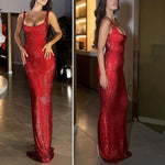 Women Prom Dress Sequin Low-cut Sleeveless Floor Length Evening Dress Solid Color Party Banquet Wedding Sheath Dress