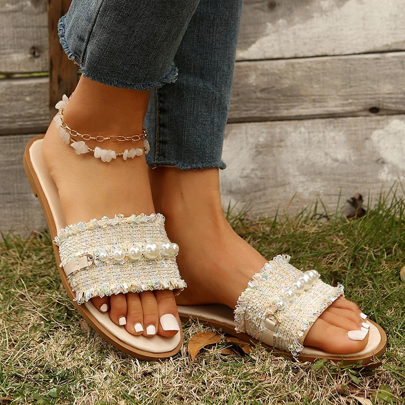 Fashion Tweed Cloth Flats Slippers Women 2025 String Bead Plus Size 36-43 Summer Sandals Woman Lightweight Outdoor Slides Female