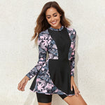 2026 New Pink Print Split Surfing Suit for Women,long Sleeve Conservative Zipper Beach Skirt Swimsuit,summer Bathing Suit