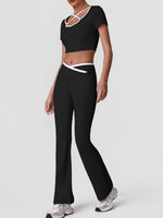 Summer Quick Drying Yoga Sets Women Black Patchwork Short Sleeve Cross Neck Sports Top High Waist Flared Pants Fitness Suits