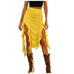 Women Western Boho Midi Skirt High Waist Ruffled Asymmetrical Hem Slit Flowy Summer Skirts Casual Cowgirl Style Streetwear Y2k