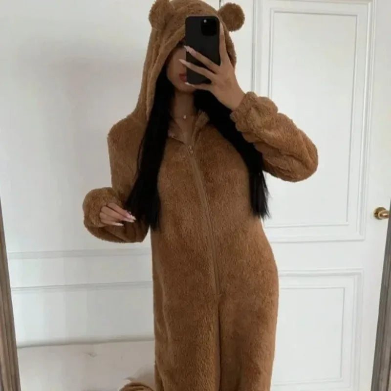 Thickened Coral Fleece Ladies Pajamas Winter Ear Printed Leopard Patterned Sleepwear One-Piece Home Clothes for Women Bodysuit