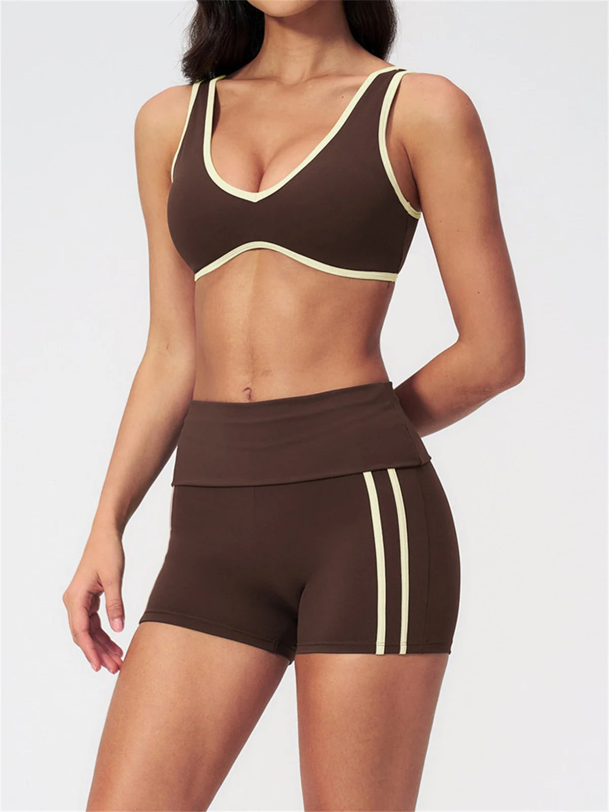 Tight Color Contrast Yoga Suit 2 Pieces Women V Neck Sports Bra Pleate High Waist Shorts Gym Running Fitness Suits Tracksuit