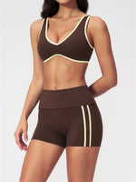 Tight Color Contrast Yoga Suit 2 Pieces Women V Neck Sports Bra Pleate High Waist Shorts Gym Running Fitness Suits Tracksuit