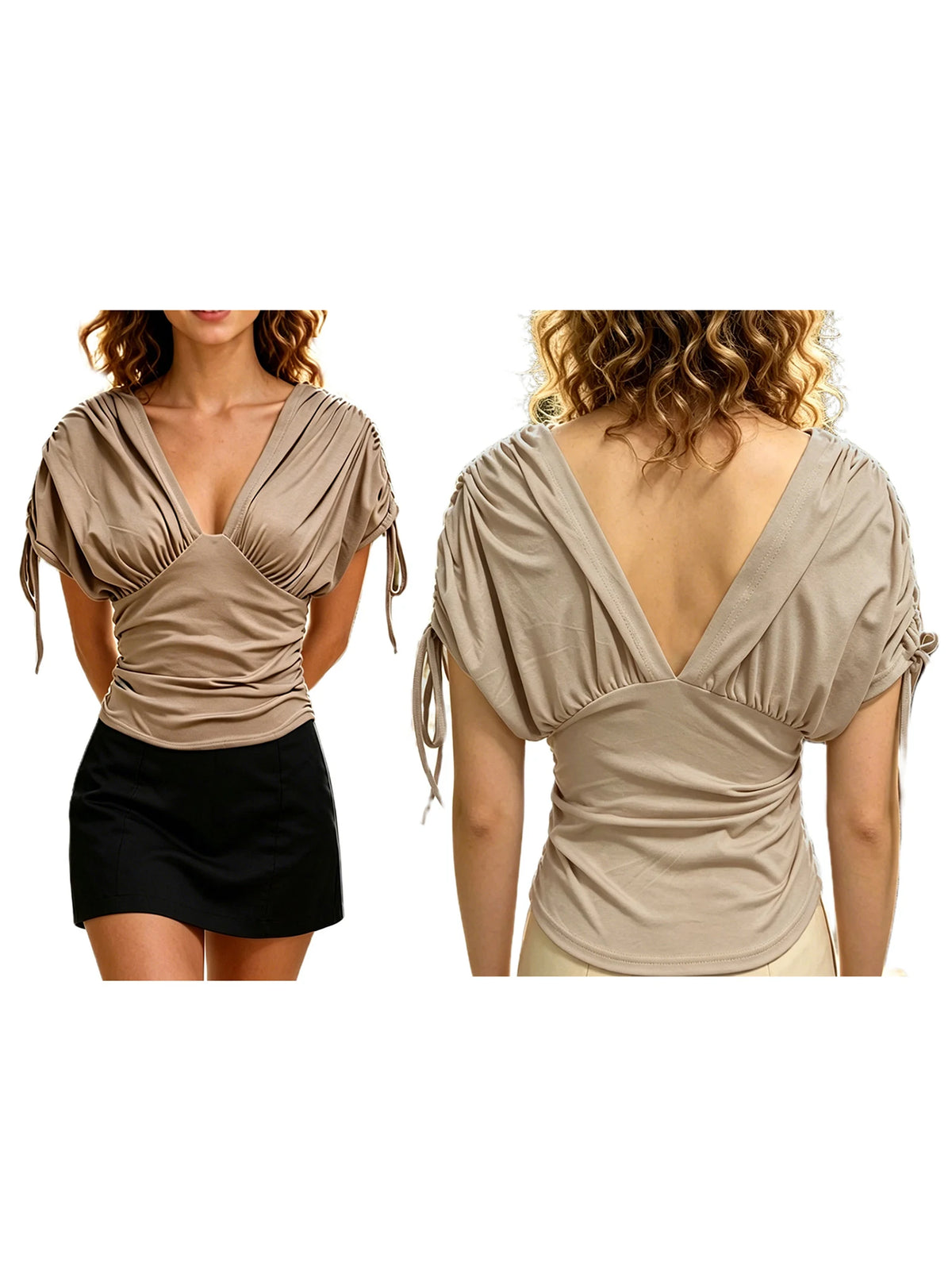 Womens Summer Solid Color Drawstring Tops Casual Stylish Ruched Slim Fit Short Sleeve T-shirts